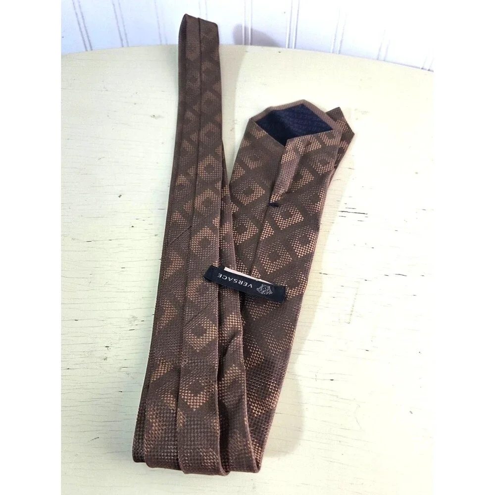 Versace Silk Tie Brown Geometric Medusa Logo Italy Designer Luxury Necktie Class
